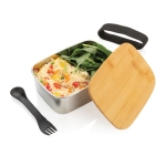 Lunch box en acier avec couvercle en bois et couverts 900 ml Bamboo couleur argenté deuxième vue
