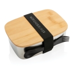Lunch box en acier avec couvercle en bois et couverts 900 ml Bamboo couleur argenté vue avec logo