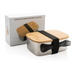 Lunch box en acier avec couvercle en bois et couverts 900 ml Bamboo couleur argenté vue avec boîte