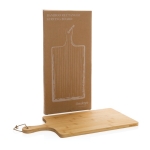 Planche à découper personnalisée pas chère en bambou avec corde Suprem couleur bois vue avec boîte