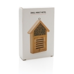 Petit hôtel publicitaire pour abeilles et autres insectes en bois couleur bois deuxième vue avec boîte