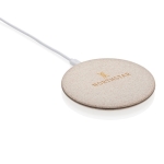 Chargeur sans fil ultra-plat avec boîtier circulaire écologique Wheat couleur naturel vue avec logo