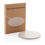 Chargeur sans fil ultra-plat avec boîtier circulaire écologique Wheat couleur naturel vue avec boîte