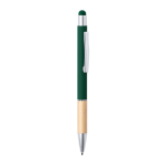 Stylo en bambou et aluminium gravés avec logo à l'encre bleue couleur vert foncé première vue