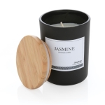 Bougie à l'arôme subtil avec couvercle en bambou et logo Jasmine couleur noir