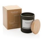 Bougie à l'arôme subtil avec couvercle en bambou et logo Jasmine couleur noir vue avec boîte
