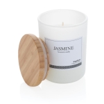 Bougie à l'arôme subtil avec couvercle en bambou et logo Jasmine couleur blanc