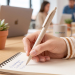 Stylo écologique publicitaire, bouton poussoir encre bleue couleur naturel première vue