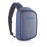 Sac à dos pour voyage antivol avec port USB et RFID Bobby Sling couleur bleu marine vue avec logo