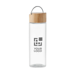 Gourde en verre avec couvercle en bambou poignée 500 ml Crystal Geneve vue avec zone d'impression