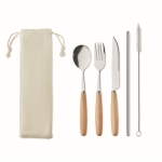 Couverts en acier et manche en bois avec sac en toile Wood couleur beige
