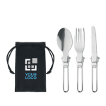 Lot de 3 couverts promotionnels pliants dans une pochette Camping vue avec zone d'impression