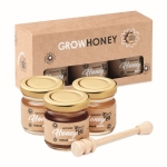Sélection de 3 pots de miel avec distributeur et graines 50g Diverse couleur bois