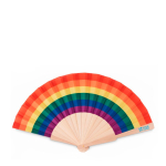 Éventail arc-en-ciel en bois avec tissu polyester Rainbow Fan vue avec zone d'impression