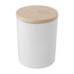 Bougie publicitaire en verre peint avec couvercle en bambou Levanti couleur blanc