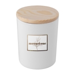 Bougie publicitaire en verre peint avec couvercle en bambou Levanti couleur blanc image avec logo