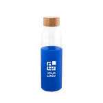 Gourde en verre avec bouchon en bambou et housse en silicone 500ml couleur bleu avec zone d'impression
