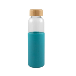Gourde en verre avec bouchon en bambou et housse en silicone 500ml couleur turquoise