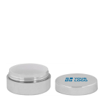 Baume à lèvres dans un pot avec couvercle et parfum vanille SPF15 couleur argenté avec zone d'impression