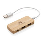 Hub USB 2.0 avec port de type C en bambou et câble avec logo Bamboo couleur marron vue avec logo