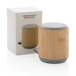 Enceinte en bambou naturel et tissu avec le logo Remembers couleur marron vue avec boîte