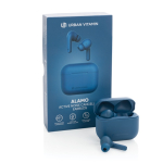 Écouteurs publicitaires robustes antibruit avec microphone Alamo couleur bleu vue avec boîte