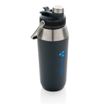 Grande bouteille thermos avec bouchon avec paille 1L Slender couleur bleu marine vue avec logo