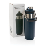 Grande bouteille thermos avec bouchon avec paille 1L Slender couleur bleu marine vue avec boîte