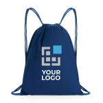 Sac à dos à cordons en coton recyclé 145gr avec AWARE™ Greeny couleur bleu avec zone d'impression