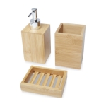 Kit de trois accessoires de salle de bain en bambou avec logo Bamboo couleur naturel deuxième vue frontale