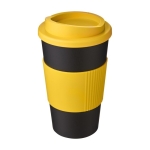 Verre isotherme en plastique 350 ml Takeaway anse Americano couleur jaune deuxième vue frontale