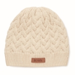Bonnet tricoté en RPET avec logo imprimable sur étiquette RPET couleur beige vue principale