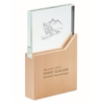 Plaque ou trophée en verre sur socle en bois Commemorative couleur bois vue principale