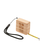Mètre ruban de 1m promotionnel carré en bambou Measurements couleur bois vue avec zone d'impression