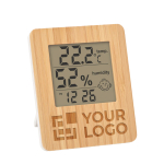 Station météorologique multifonction en bambou personnalisable Suncity couleur bois vue avec zone d'impression