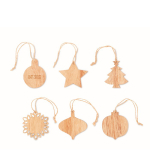 Set de 6 décorations de Noël en bois à suspendre avec cordon Xmas Tree couleur bois vue avec zone d'impression