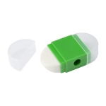 Gomme avec taille-crayon et capuchon de chaque côté et centre coloré couleur vert quatrième vue