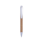 Stylo personnalisé avec bouton poussoir, corps en liège et encre bleue couleur argenté première vue