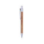 Stylo personnalisé avec bouton poussoir, corps en liège et encre bleue couleur argenté avec zone d'impression