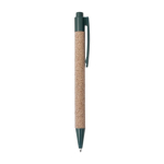 Stylo personnalisé avec bouton poussoir, corps en liège et encre bleue couleur vert foncé première vue