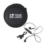 Écouteurs pour cadeau d'entreprise avec un étui Zipper Case couleur noir avec zone d'impression