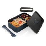 Lunch box avec fourchette en plastique recyclé 1,2L Carry Recycled couleur bleu marine vue avec logo