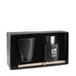 Coffret aromatique avec diffuseur 50 ml et bougie parfumée Wellness couleur noir avec zone d'impression