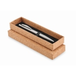 Stylo en inox dans une boîte en liège à l'encre bleue CorkAlu couleur argenté mat