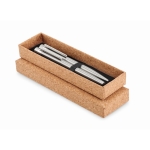 Lot de stylo à bille et roller en acier inoxydable recyclé Cork couleur argenté mat
