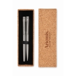 Lot de stylo à bille et roller en acier inoxydable recyclé Cork couleur argenté mat deuxième vue principale