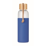 Bouteille en verre avec bouchon bambou, poignée 500 ml Crystal Pouch couleur bleu roi vue avec zone d'impression