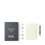 Jeu de cinq dés dans coffret élégant avec bloc-notes et crayon Yatzy couleur bleu marine avec zone d'impression