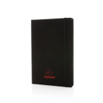 Carnet recyclé avec élastique A5 et pages lignées couleur noir vue avec logo