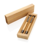 Set stylo à encre bleue et crayon en bambou dans une boîte Conscious couleur bois vue avec boîte